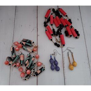 Hand Made Paper Bead Jewelry 2 Necklaces and 2 sets of Pierced Earrings